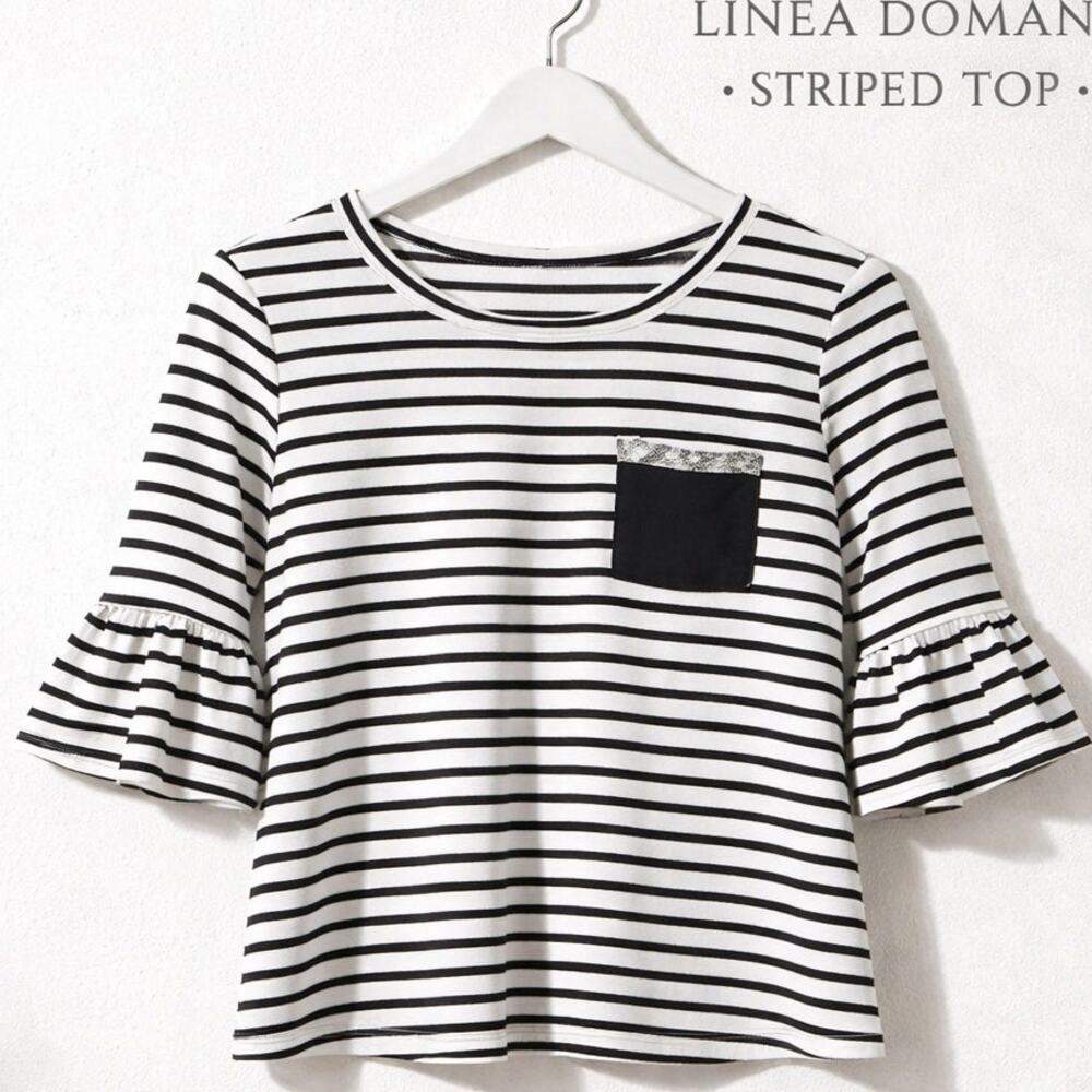 Linea Domani Striped Top Medium Black White Ruffle Sleeve Stretch Knit Shirt